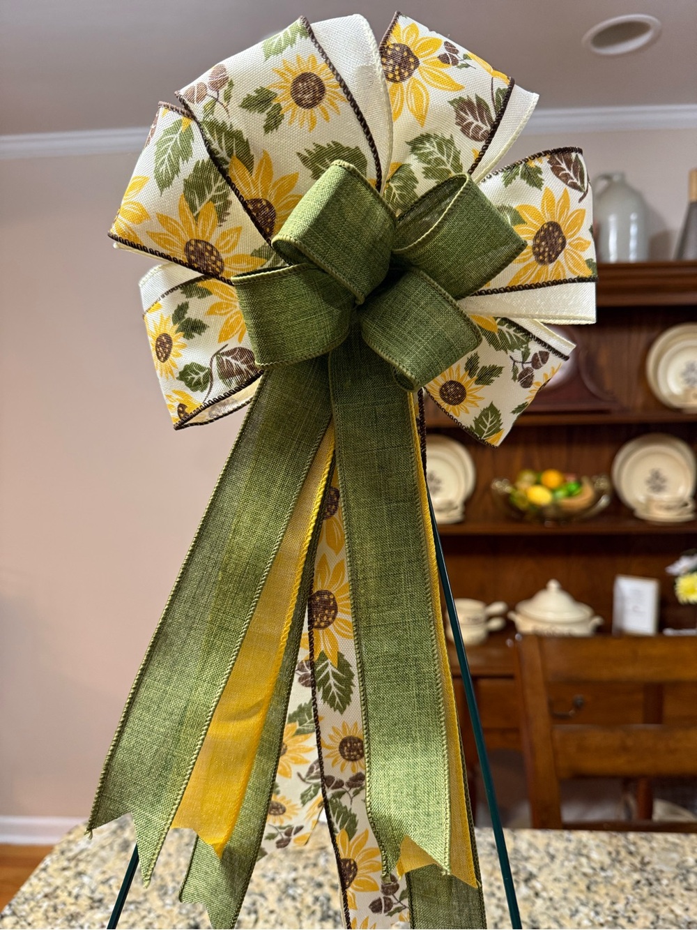 Handmade Green and Yellow Sunflower Ribbon Bow - Home Accent
